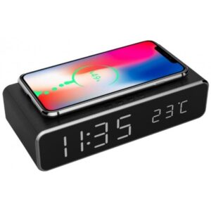 Digitalni sat + alarm sa bežičnim punjenjem telefona, crni