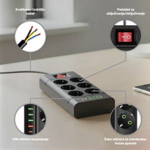 Razvodnik sa 6 mesta 2m 1.5 mm2 + prekidač + 4 x USB + 2 x tip C