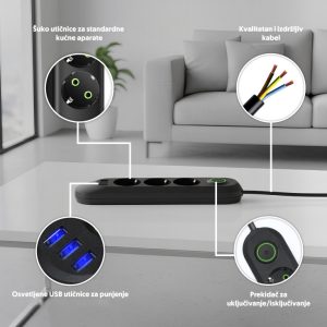 Razvodnik sa 3 mesta 2m 1.5mm2+pr. 3xUSB