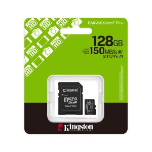 Micro SD Card 128GB Kingston + SD adapter SDCS3/128GB class 10 UHS-I U1 V10 A1, Read up to 150MB/s