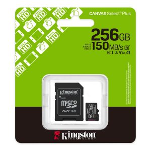 Micro SD Card 256GB Kingston + SD adapter SDCS3/256GB class 10 UHS-I U1 V10 A1, Read up to 150MB/s